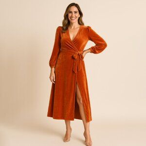 NWT Ladygang Velvet Full-Length Wrap Dress Orange Size Small